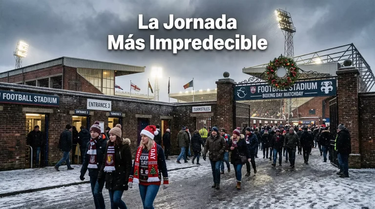 Estadio de fútbol inglés decorado con motivos navideños durante el Boxing Day de la Premier League