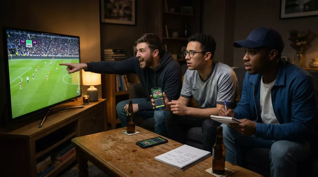 Apuestas en vivo en la Premier League: aficionados siguiendo un partido de fútbol en directo