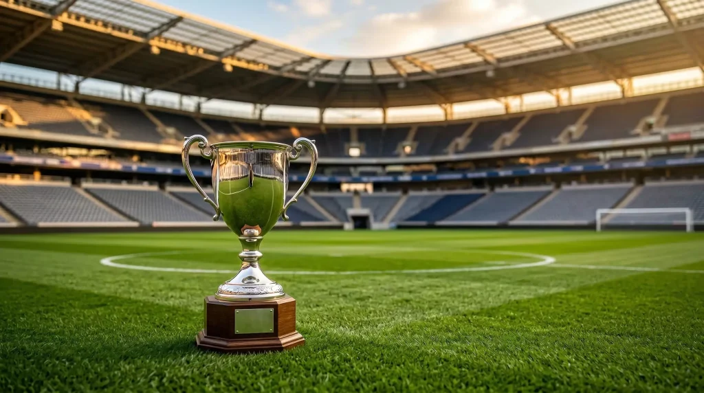 Apuestas a largo plazo en la Premier League: trofeo de la Premier League sobre césped de estadio