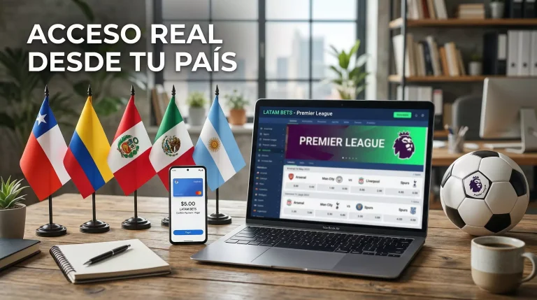 Mapa de Latinoamérica con iconos de acceso a plataformas de apuestas en la Premier League