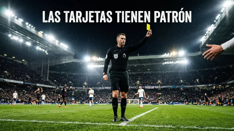 Árbitro mostrando una tarjeta amarilla durante un partido de la Premier League con datos estadísticos