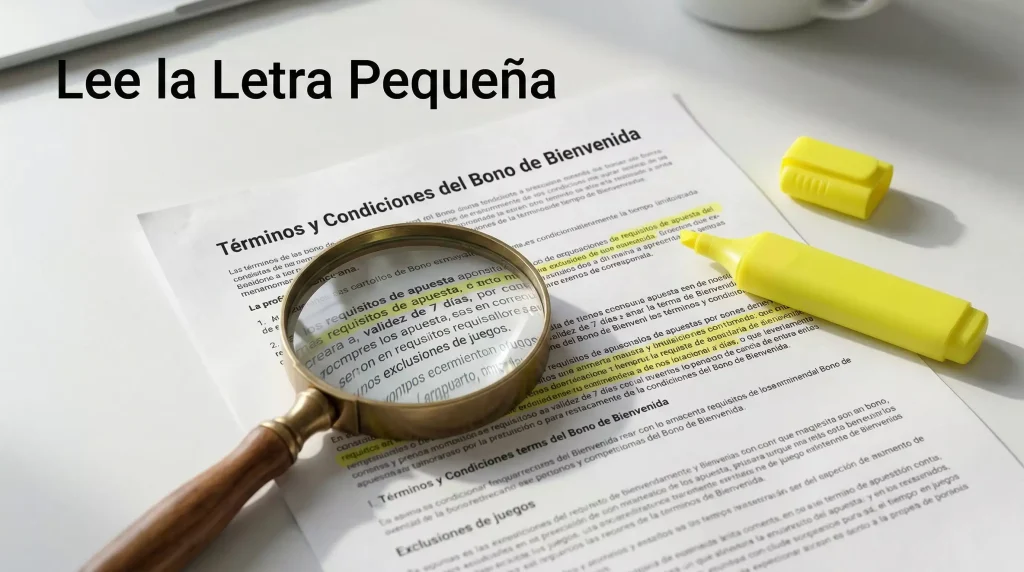 Documento con condiciones de un bono de apuestas junto a una lupa que revela la letra pequeña