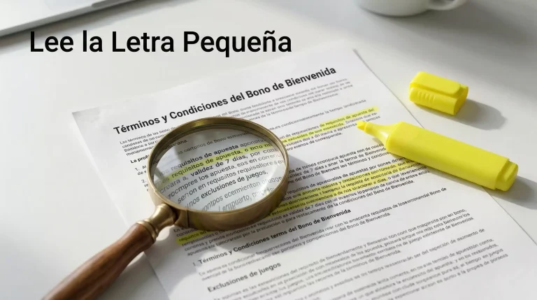 Documento con condiciones de un bono de apuestas junto a una lupa que revela la letra pequeña
