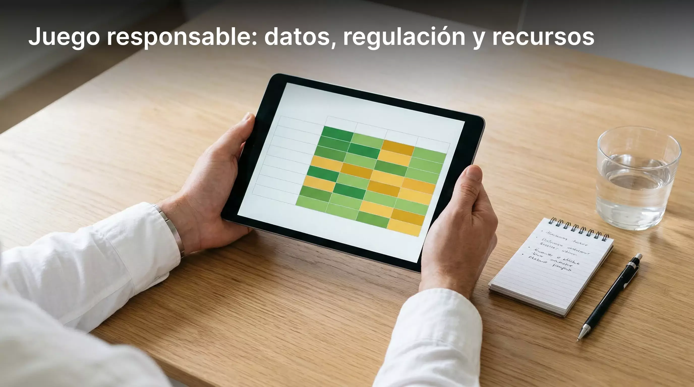 Persona comparando opciones en una tableta digital con notas escritas a mano sobre la mesa