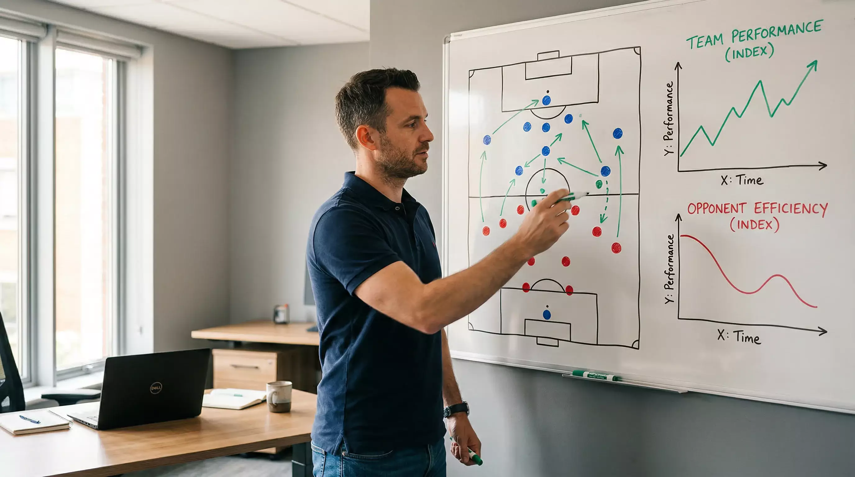 Analista deportivo revisando gráficos de rendimiento de equipos de fútbol en una pizarra blanca