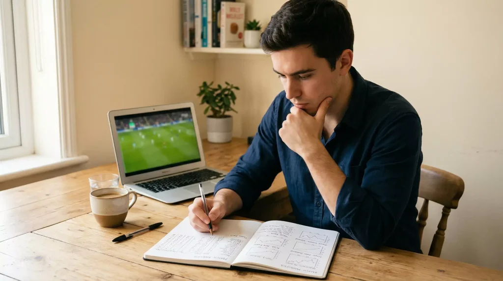 Hándicap asiático en la Premier League: analista estudiando estadísticas de fútbol con cuaderno y pantalla