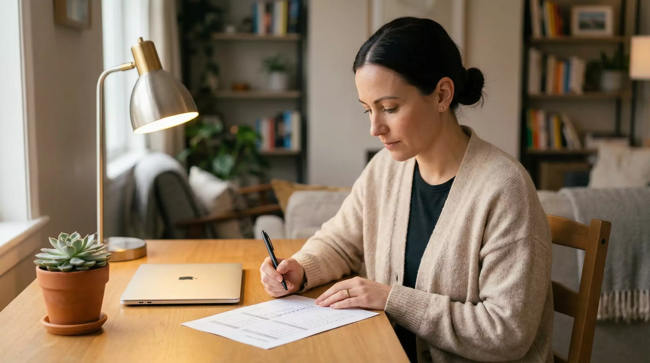 Persona reflexionando frente a un escritorio con un documento de autocontrol y un bolígrafo