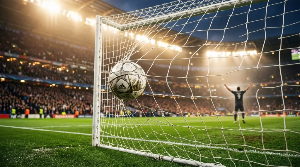 Mercados de goles en la Premier League: balón entrando en la portería durante un partido de fútbol inglés