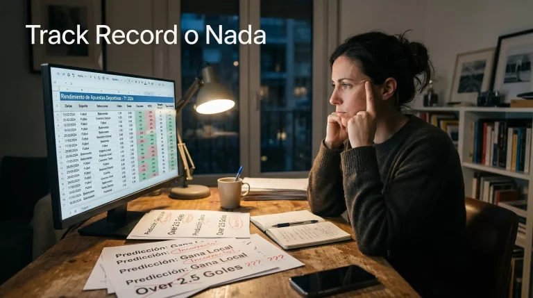 Persona analizando pronósticos deportivos en una pantalla con métricas de rendimiento de tipsters