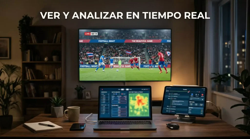 Configuración multipantalla con streaming de un partido de la Premier League y datos en vivo para apuestas